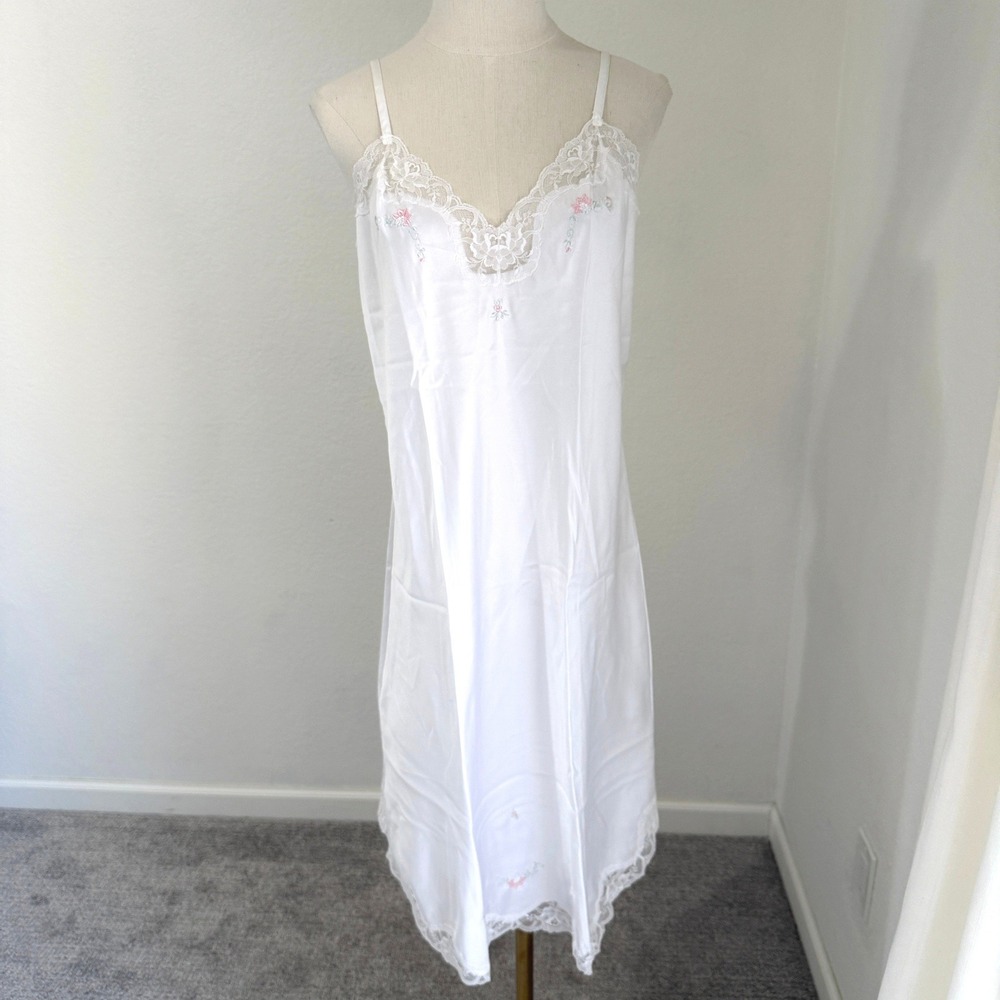 Barbizon Vintage White Lace Floral Embroidered‎ Slip Dress Lingerie Medium